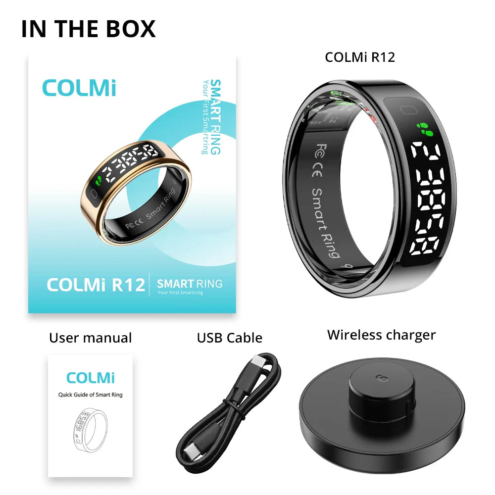 COLMI R12 Smart Ring 2025 – Display Screen Touch Control, Wireless Charging Health Tracker, 5ATM Waterproof for Men & Women