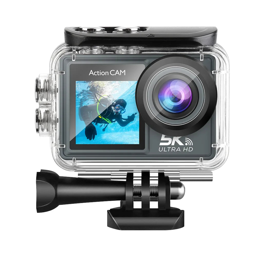 5K Action Camera – 4K 60FPS Dual IPS Touchscreen, WiFi, 170° Wide-Angle, 30M Waterproof, 5X Zoom, Anti-Shake, Remote Control