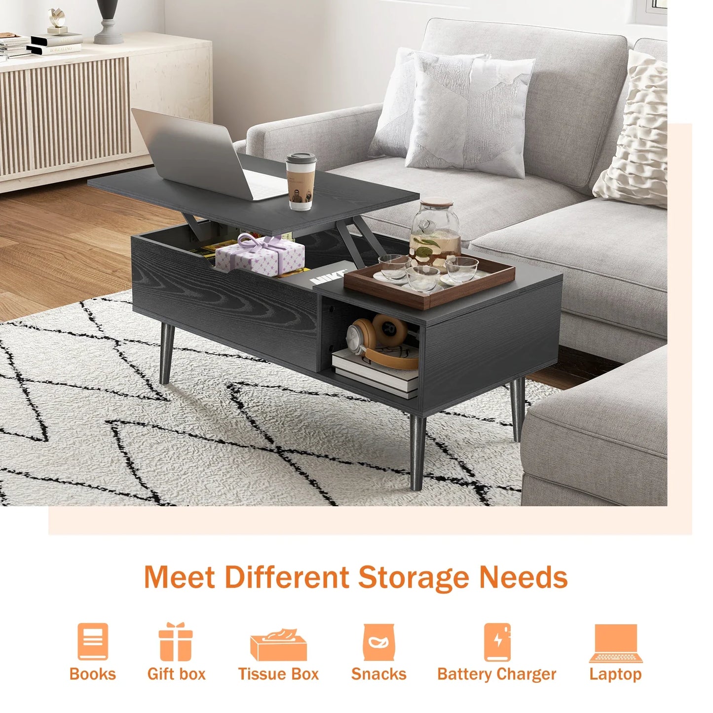 Lift Top Coffee Table for Living Room - 39.37"x19.7" Adjustable Desk with Storage Shelf - Easy Lift or Lower Tea Wood Dining Table