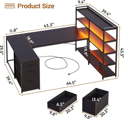 L-Shaped Gaming Desk – Reversible U Shaped Computer Desk with Power Outlet, Storage Shelves & LED Lighting