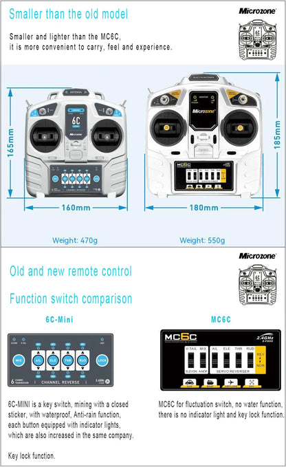 MicroZone MC6C-Mini V2 2.4G 6CH RC Controller — MC7RB Receiver for Fixed-Wing, Car, Boat & Airplane Toys