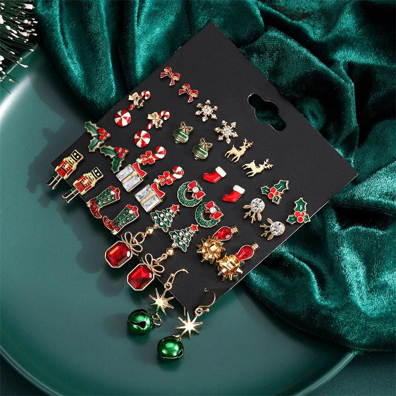 12/20 Pairs Christmas Earrings Set – Shiny Crystal Snowflake, Elk, Bowknot & Xmas Tree Studs for Women, Holiday & New Year Gifts