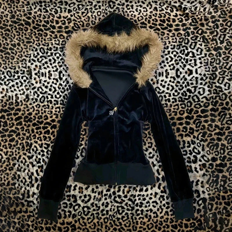 Pink Leopard Print Hooded Zipper Sweatshirt – Slim Fit Long Sleeve Streetwear for Spring & Autumn