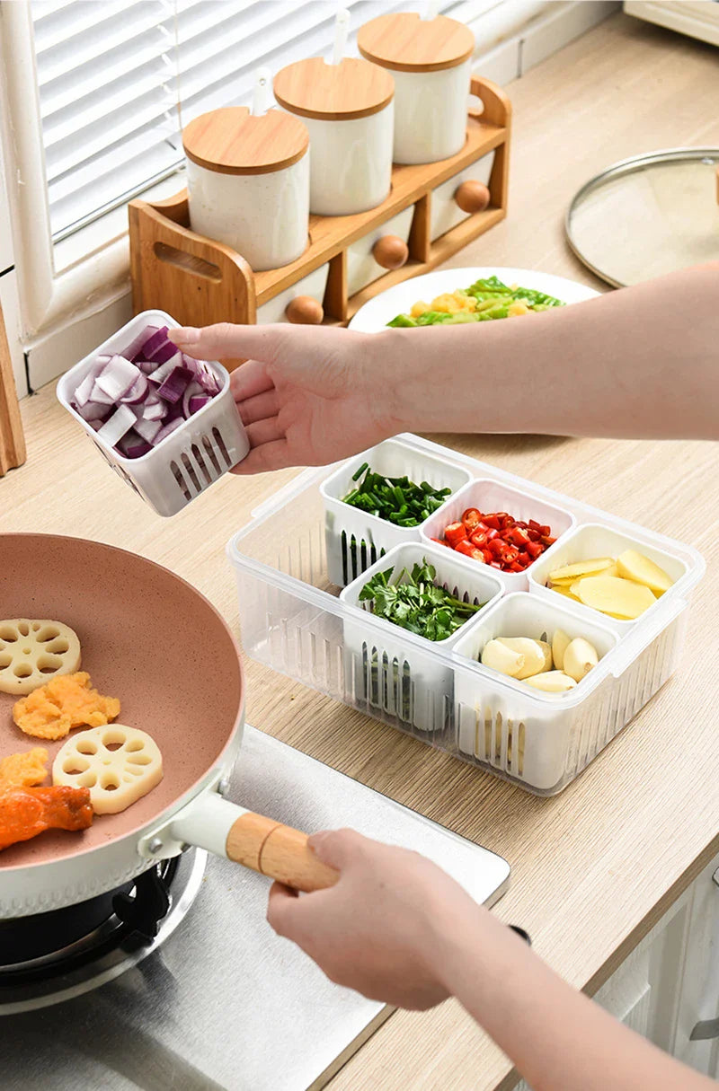 Refrigerator Storage Box – 4/6 Grid Clear Crisper for Fruits, Vegetables & Meat