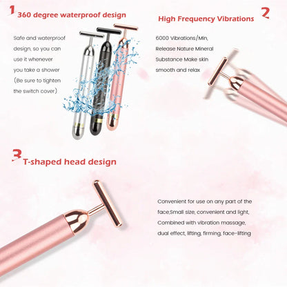 24K Gold Roller Vibrating Facial Massager - Slimming Beauty Pulse for Firming, Lifting, and Tightening Skin, Wrinkle Reduction Bar