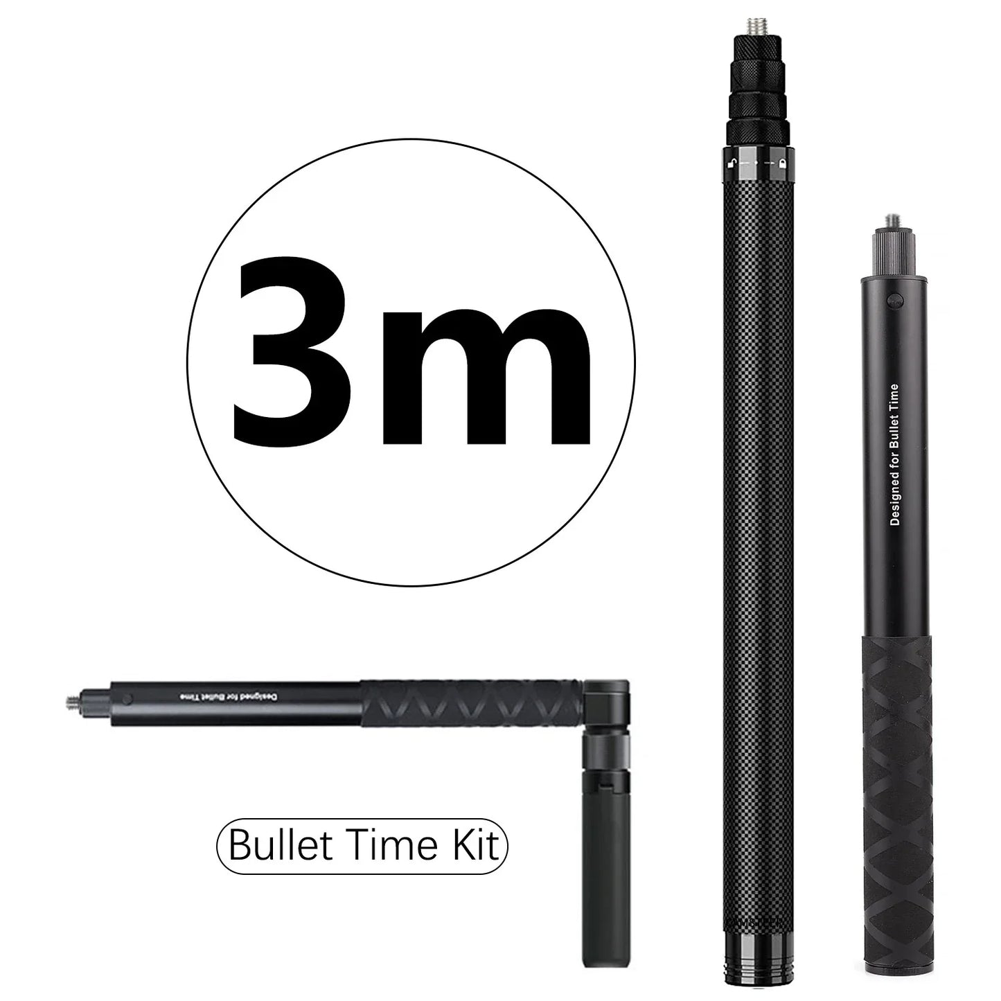 Carbon Fiber Invisible Selfie Stick 1.2m/3m – Bullet Time Rotating Tripod Handle for GoPro & Insta360 X4/X3/X2