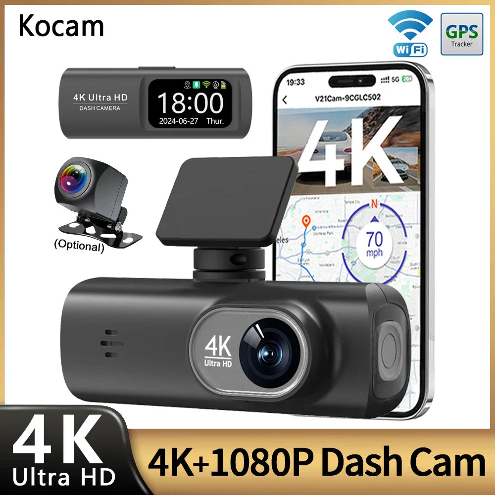 UHD 4K Dash Cam Dual Lens – 1080P Rear Lens, Built-in WiFi, GPS, 24-Hour Parking Monitoring Car DVR