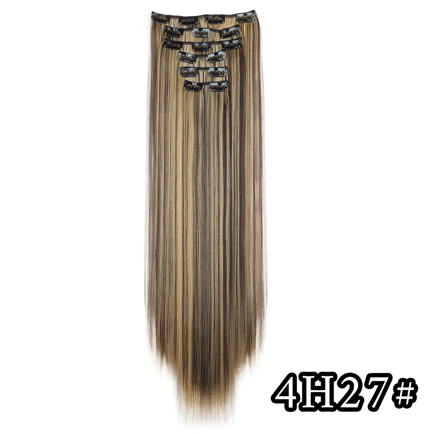 24-Inch 16 Clips-in Hair Extensions – Long Straight Synthetic Blonde & Black Hairpieces, Heat Resistant for Daily Use