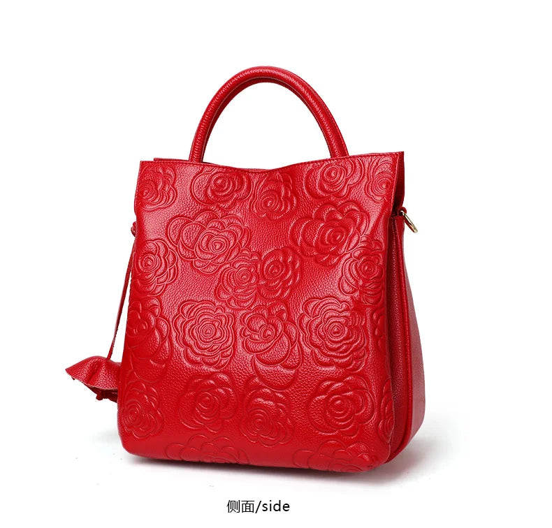 Classic Embossed Women’s Leather Bag — Large Capacity Top Cowhide Crossbody Purse