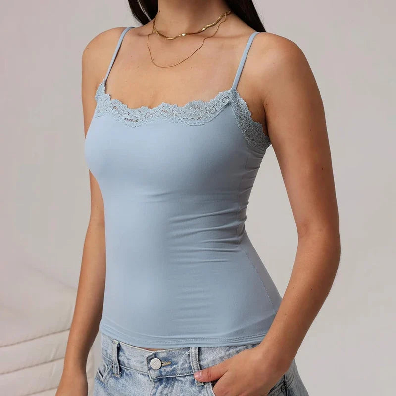 Fairy Coquette Lace Trim Slim Fit Women’s Y2K Crop Camisole Top – Summer Spaghetti Strap Sleeveless Solid Color Tank Vest