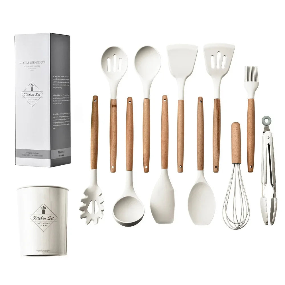 12PCS Silicone Kitchen Utensils Set - Food Grade Cookware with Turner, Spatula, Measuring Spoon, Practical Cooking Tools