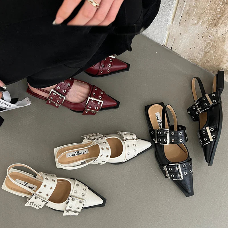2025 Women’s Designer Flats – Luxury Buckle Slingback Sandals with Pointed Toe, Casual Mules for Ladies