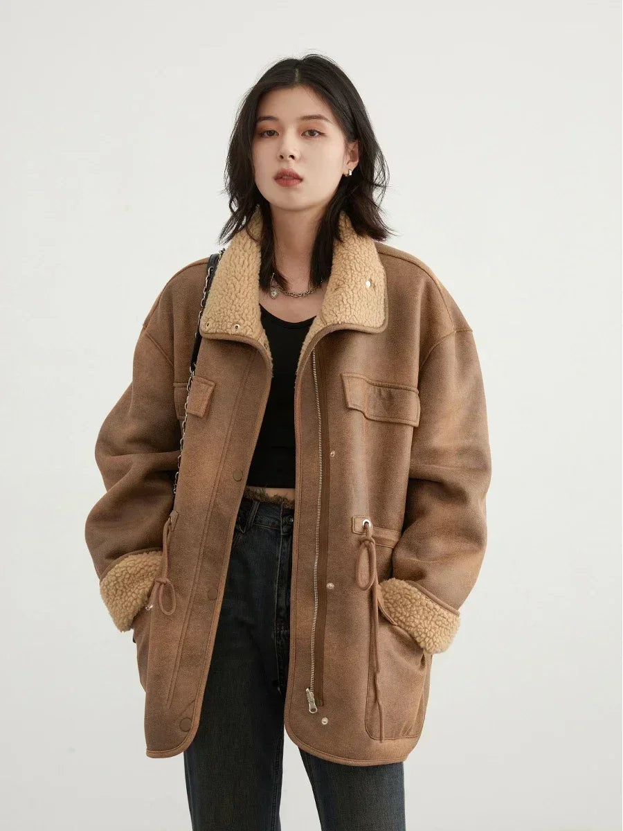 CHIC VEN Women's Reversible Jacket – Thick Suede, Motorcycle Style, Loose Fit Winter & Autumn Outerwear 2023