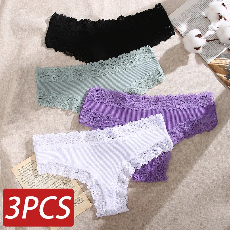 3PCS Lace Seamless Cotton Panties - Ribbed Brazilian Low Waist, Breathable Women’s Underwear, Plus Size Lingerie