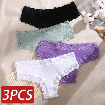 3PCS Lace Seamless Cotton Panties - Ribbed Brazilian Low Waist, Breathable Women’s Underwear, Plus Size Lingerie