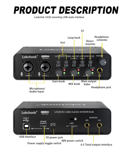 UX22 Audio Interface Sound Card – 32-bit/192KHz AD Converter for Electric Guitar, Live Recording, Studio Singing & Podcast