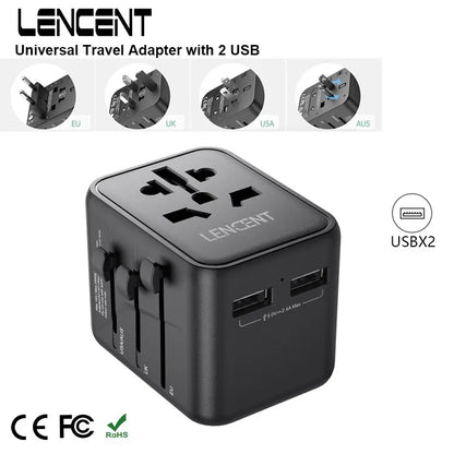 LENCENT International Travel Adapter – All-in-One Charger with 2 USB Ports, EU/UK/USA/AUS Plugs for Worldwide Travel