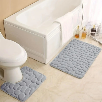 2PC Embossed Stone Pattern Toilet & Door Mats – Water-Absorbent, Non-Slip, Washable Home Decor Carpet