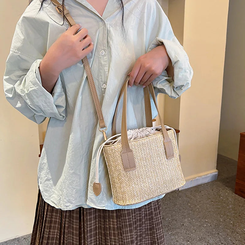 Fashion Straw Bucket Crossbody Bag – Women’s Summer Beach & Travel Shoulder Handbag