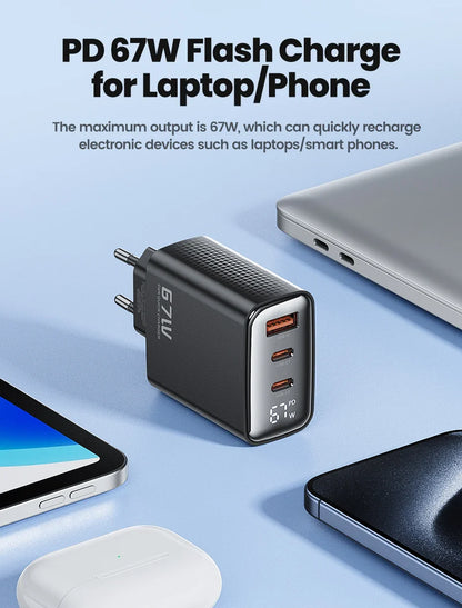 Toocki 67W GaN USB-C Charger — Digital Display Quick Charge PD PPS QC4.0 for MacBook, Laptop, iPad, iPhone 15/14