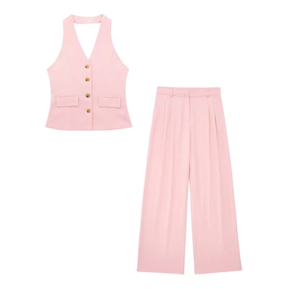TRAFZA Women’s 2-Piece Set — Sleeveless Halter Vest Top with High-Waist Wide Leg Pants & Zipper Pockets