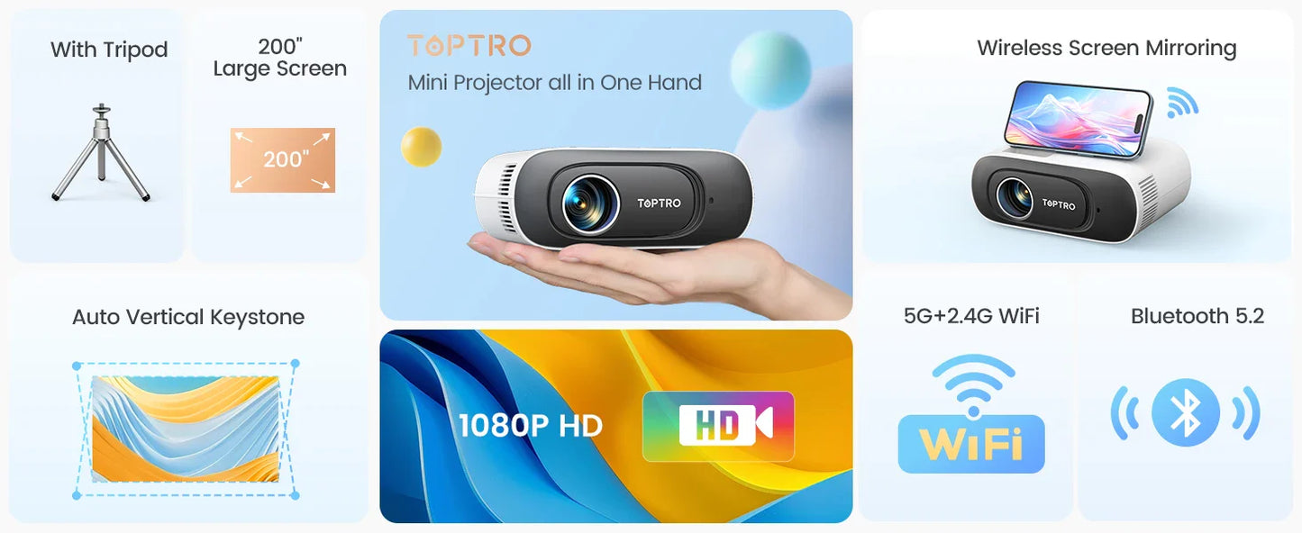 TOPTRO Mini Projector – Full HD 1080P Support, 16000 Lumens, Auto Keystone, WiFi & Bluetooth Portable Home Theater Projector