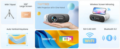 TOPTRO Mini Projector – Full HD 1080P Support, 16000 Lumens, Auto Keystone, WiFi & Bluetooth Portable Home Theater Projector