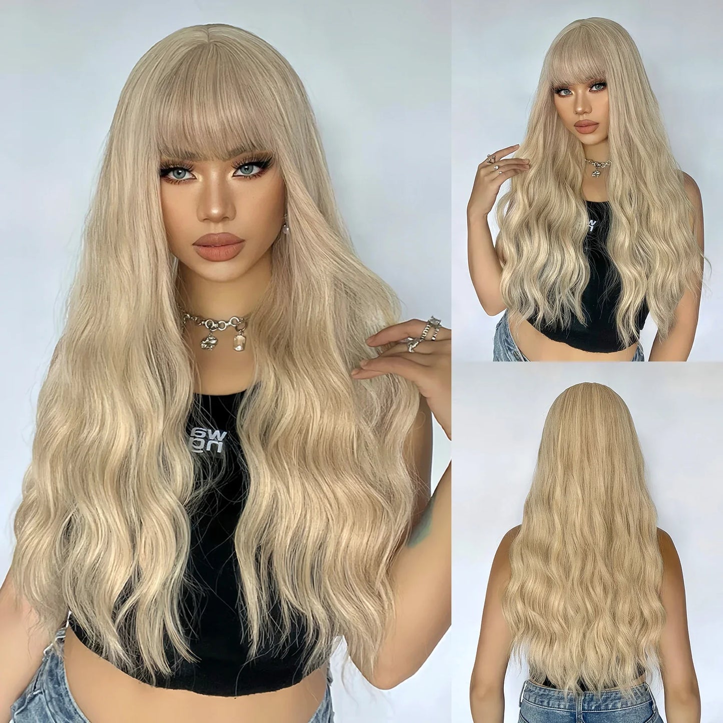 Light Green Long Wavy Synthetic Wig with Bangs – Blackish Green Cosplay & Lolita Style, Heat-Resistant for Women