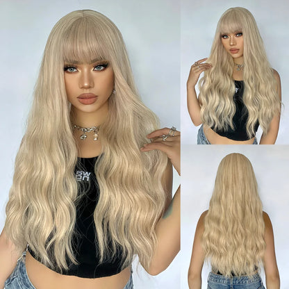 Light Green Long Wavy Synthetic Wig with Bangs – Blackish Green Cosplay & Lolita Style, Heat-Resistant for Women
