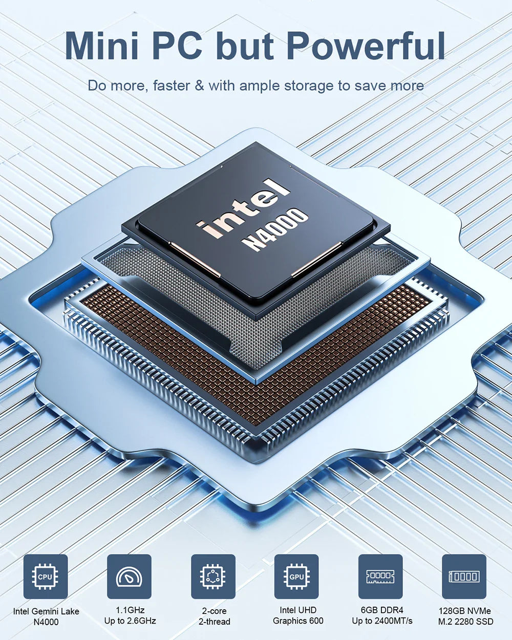 MLLSE Mini PC M2 Air – Intel Gemini Lake N4000, 6GB RAM, 128GB ROM, Dual-Band WiFi, Bluetooth, Windows 11