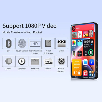 HD MP3 MP4 Player – Full Touch Screen, Bluetooth 5.2, 16GB, Built-in Speaker, Music Player, FM Radio, Recording & Ebook