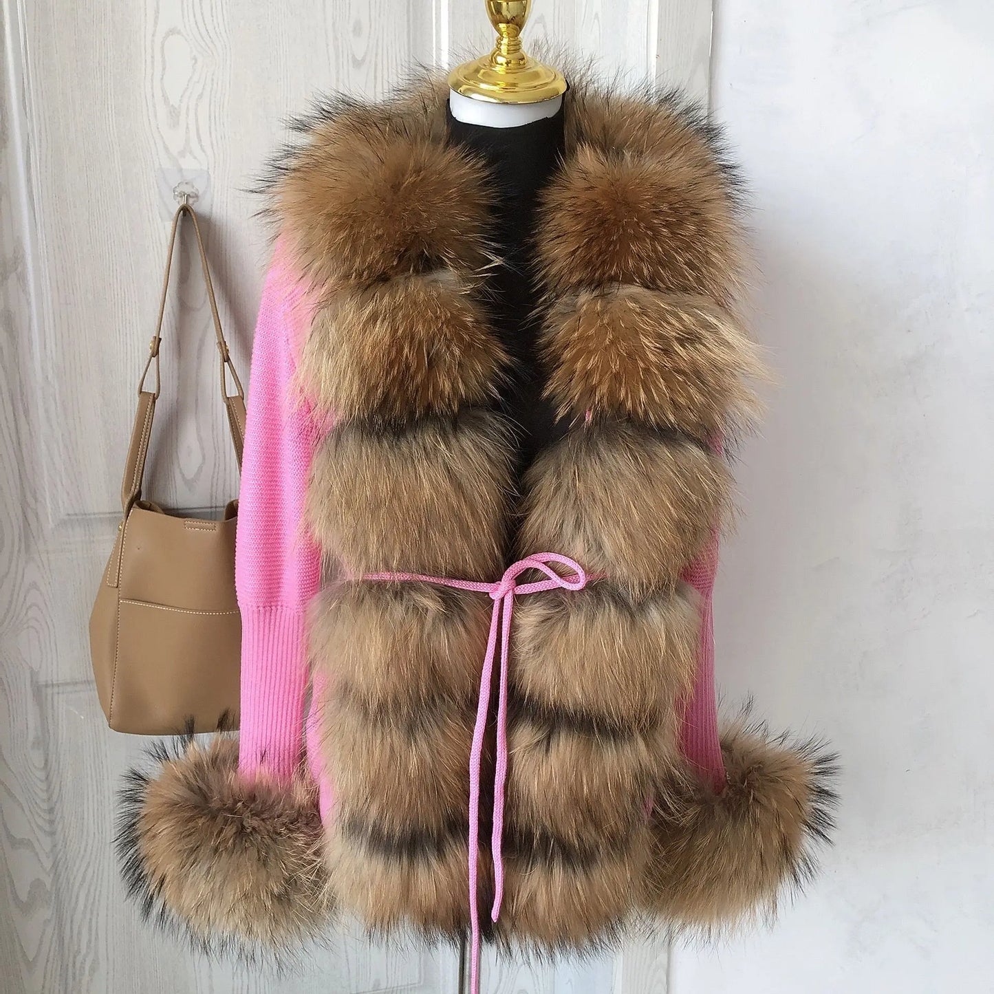 Women’s Spring & Autumn Sweater Cardigan – Real Fox Fur Collar Jacket, Natural Fur Outerwear