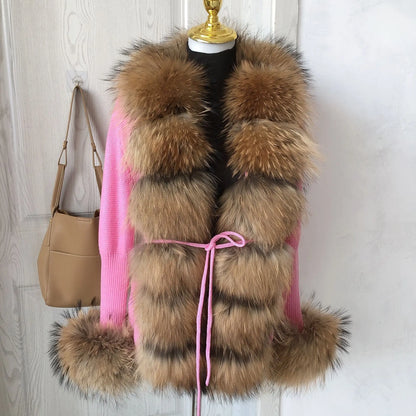 Women’s Spring & Autumn Sweater Cardigan – Real Fox Fur Collar Jacket, Natural Fur Outerwear