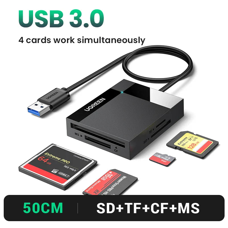 UGREEN 4-in-1 USB 3.0/USB-C Card Reader – SD, Micro SD, TF, CF, MS OTG Adapter for Laptop & PC