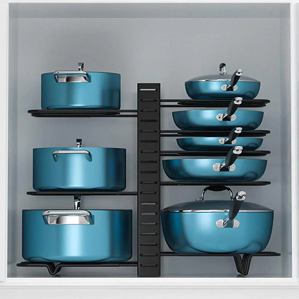 Adjustable 8-Tier Pan Pot Organizer Rack: Space-Saving Kitchen Cabinet Storage - DIY Methods for Pots, Pans, and Lids