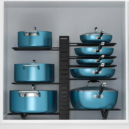 Adjustable 8-Tier Pan Pot Organizer Rack: Space-Saving Kitchen Cabinet Storage - DIY Methods for Pots, Pans, and Lids