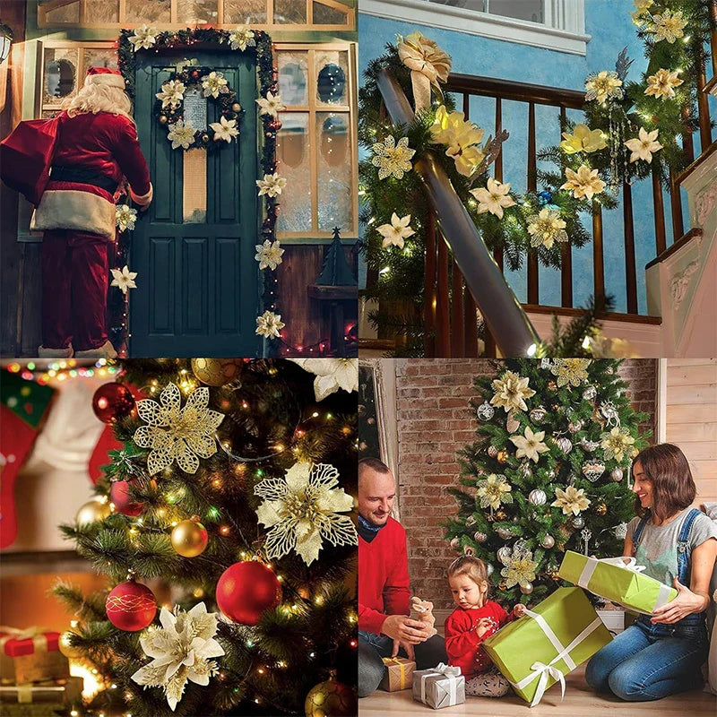 8/16PCS Christmas Decoration Set – Glitter Artificial Flowers for Tree, Home Decor, Xmas Ornaments, and New Year Decoration