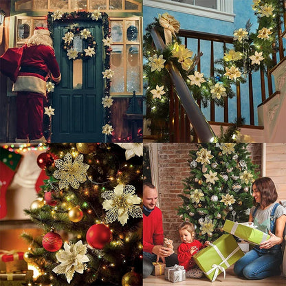 8/16PCS Christmas Decoration Set – Glitter Artificial Flowers for Tree, Home Decor, Xmas Ornaments, and New Year Decoration