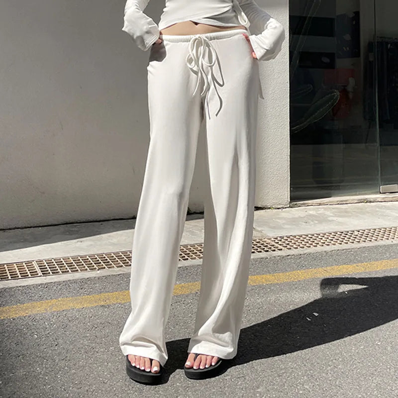 Apprabant Women’s Casual Fashion Set – Drawstring High-Waist Trousers with Plush Loose Pants and Lace-Up Flared Sleeve V-Neck Top