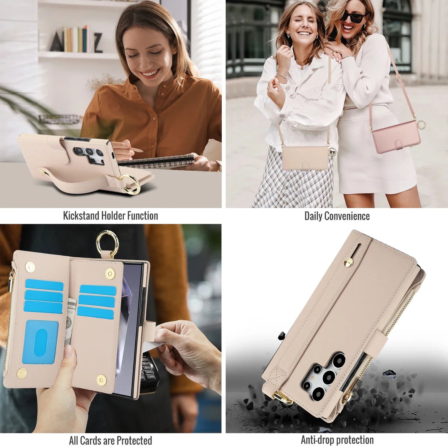 Crossbody Leather Wallet Case with Card Slots, Zipper & Kickstand for Samsung Galaxy Z Fold 3/4/5/6 – Wristband & Ring Holder