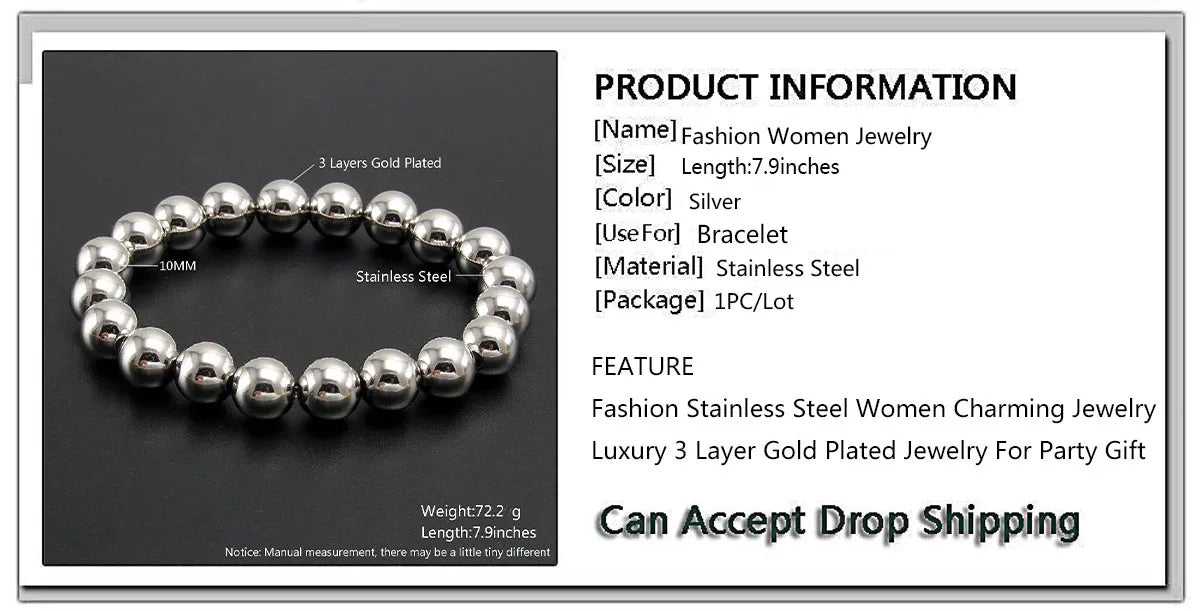 MHS.SUN Trendy Stainless Steel Stretch Bracelet — Gold & Silver Beaded 2mm/5mm/8mm for Men & Women