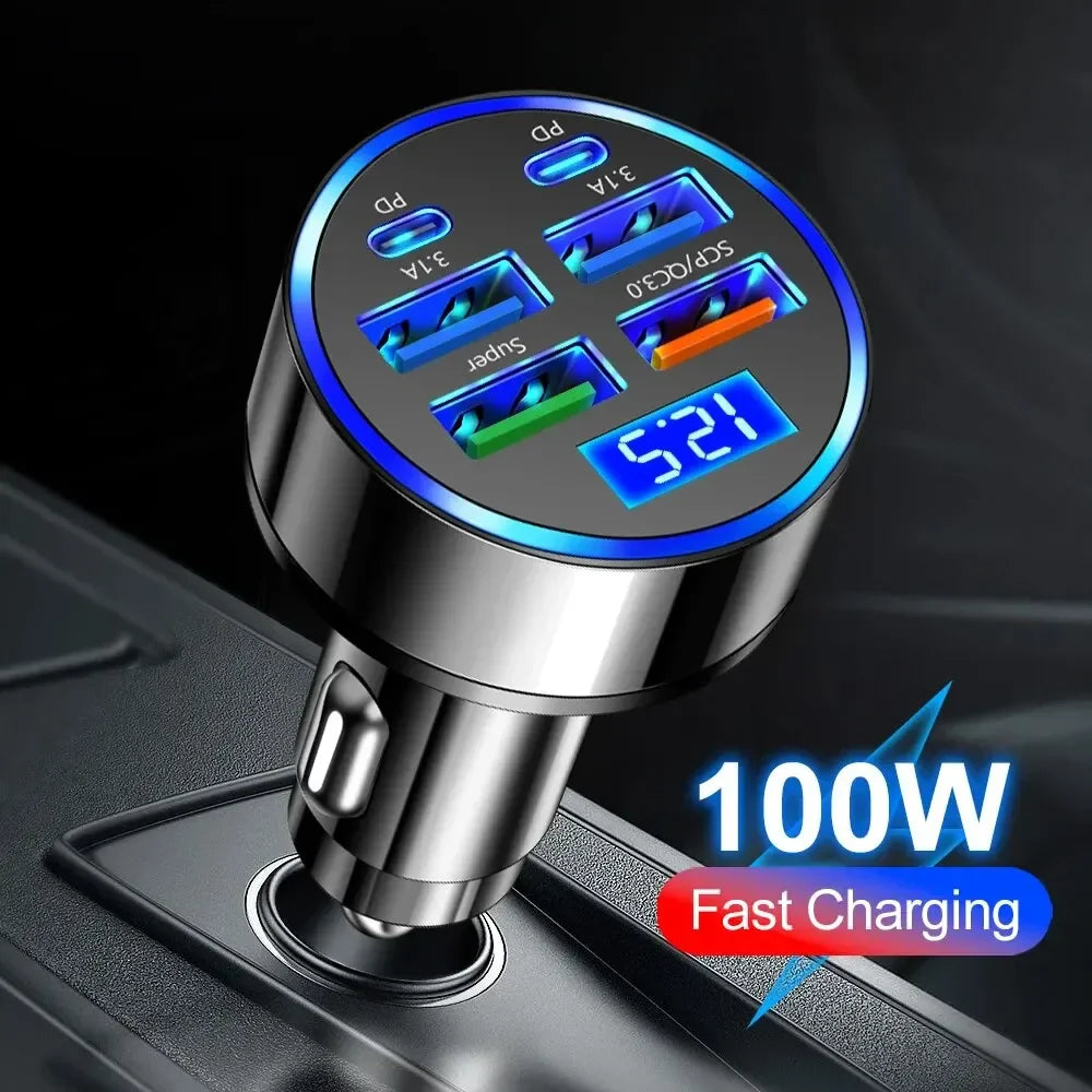 66-250W PD Car Charger – QC3.0 Fast Charge, 1-to-6 Cigarette Lighter Plug with Digital Display