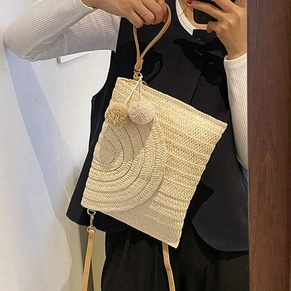 Handmade Straw Beach Bag – Small Woven Summer Shoulder Crossbody Clutch with Hair Ball