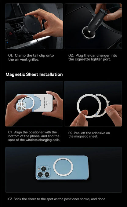 Baseus 15W Magnetic Wireless Car Charger – Fast Charging Phone Holder with Light Effect for iPhone 15/14/13 Pro Max