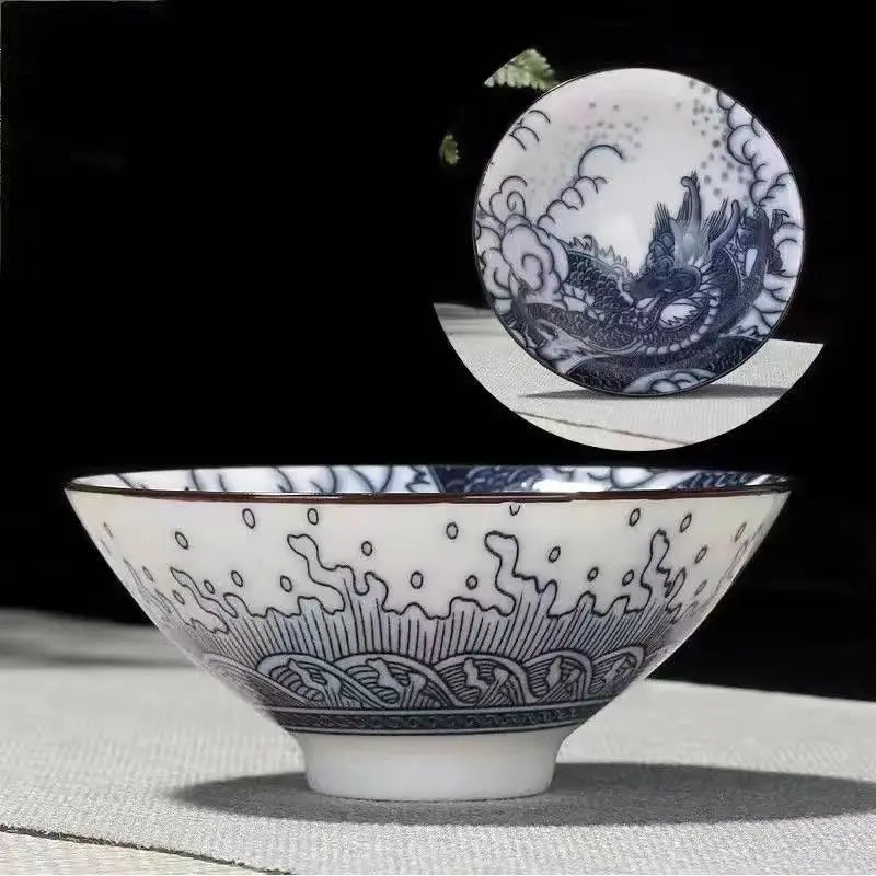 70ML Handmade Blue & White Porcelain Tea Cup – Dragon, Phoenix & Fish Pavilion Design for Chinese Kungfu Tea Ceremony