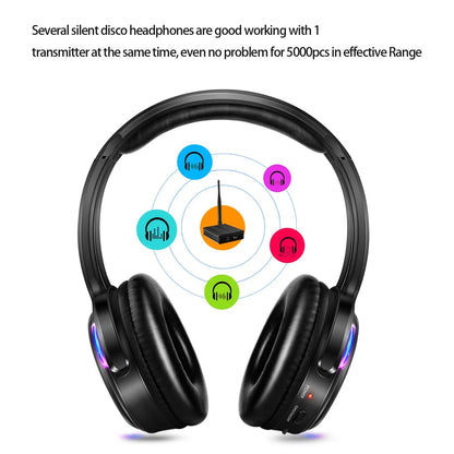 Silent Disco Complete System – Black LED Wireless Headphones Bundle with 5 Headsets & 1/2/3 Transmitters for Quiet Parties