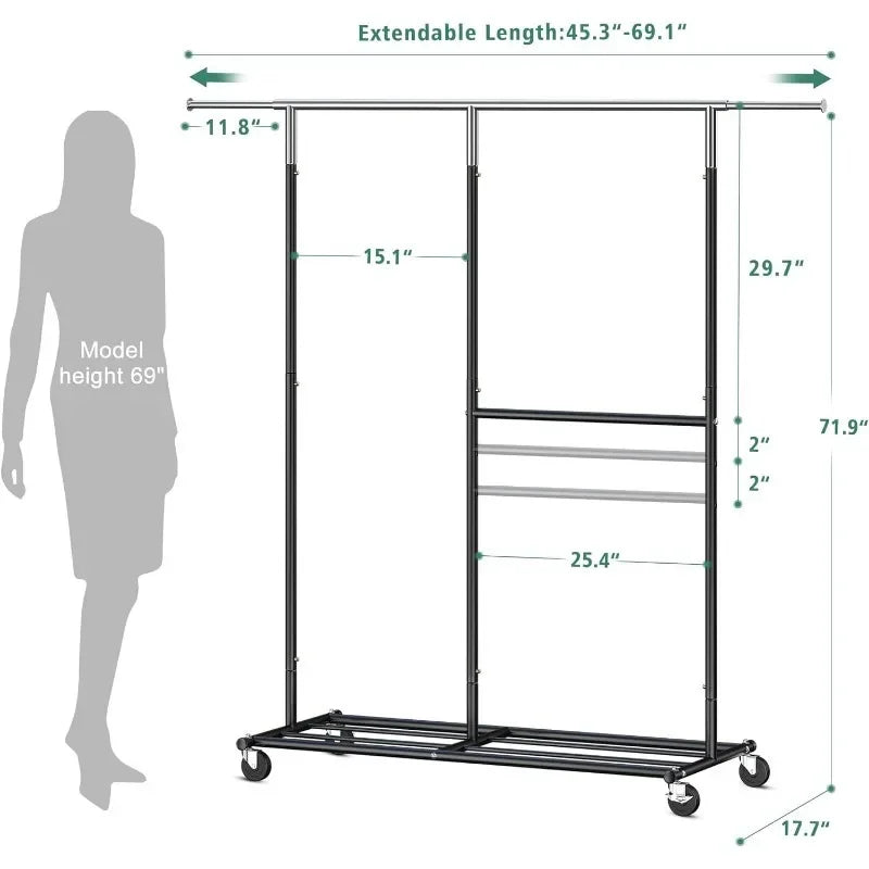 Heavy Duty Rolling Clothing Rack – Portable Clothes Hanger with Wheels for Walk-In Closets
