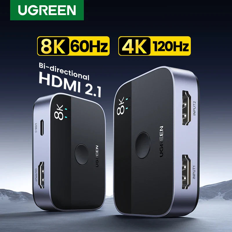 UGREEN HDMI 2.1 Splitter Switch - 8K 60Hz, 4K 120Hz, 2-in-1 Out for TV, Xiaomi, Xbox Series X, PS5 - HDMI-compatible Monitor Switcher