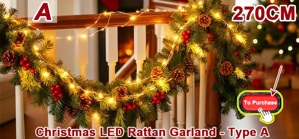 2.7M Christmas Garland – Artificial Pine Rattan Wreath for Tree, Home, Wall, Door & Fireplace Decor