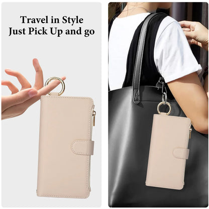 Crossbody Leather Wallet Case with Card Slots, Zipper & Kickstand for Samsung Galaxy Z Fold 3/4/5/6 – Wristband & Ring Holder